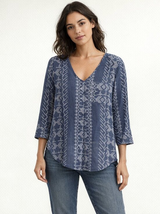 Fred David Tops - Fred David Top Womens Med Blue White Geo Aztec 3/4 Sleeve V Neck Hi Low Blouse